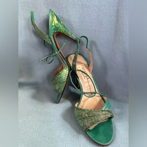 Casadei Teal Lizard skin/ leather open toe strappy heels